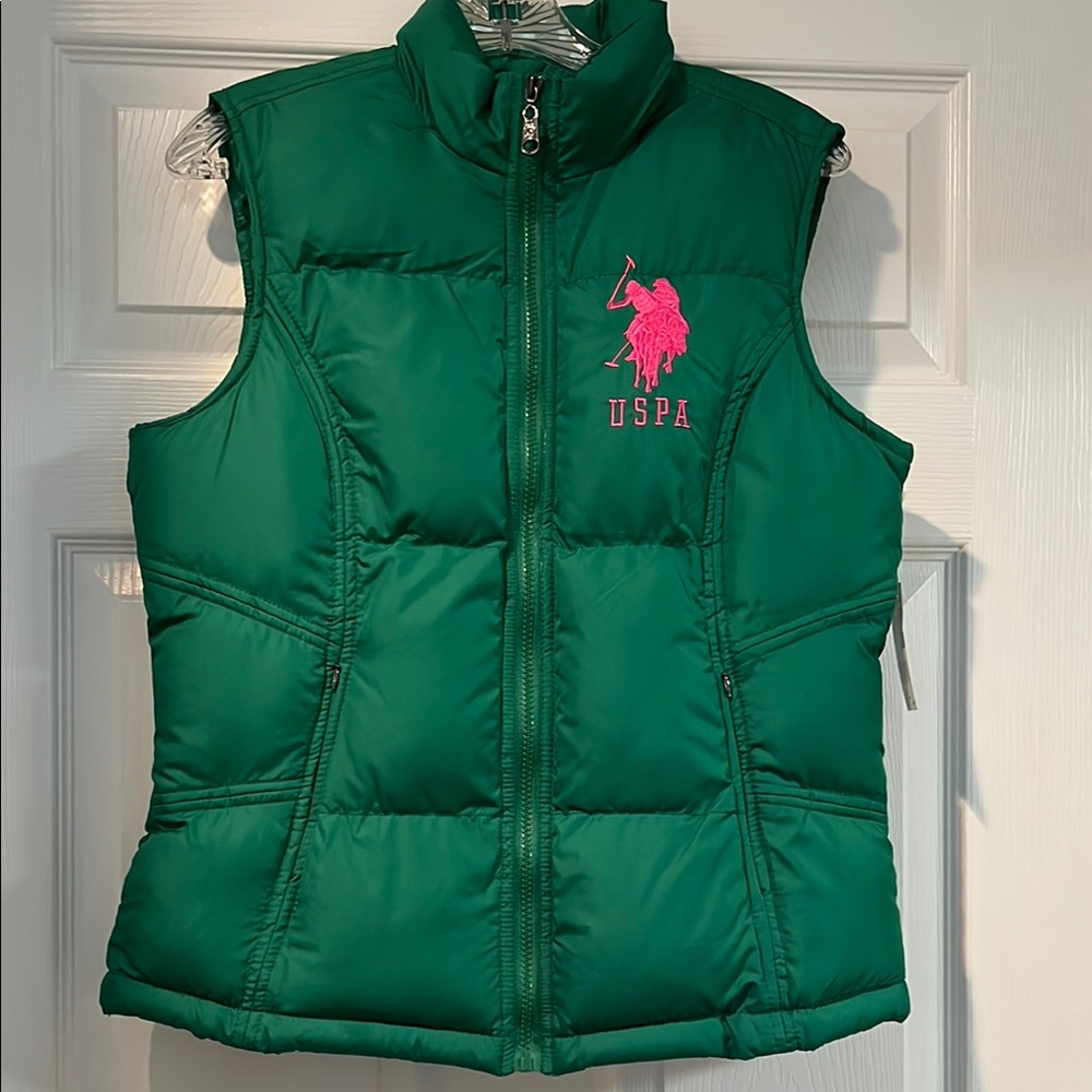 Green USPA Puffer Vest with Pink Logo